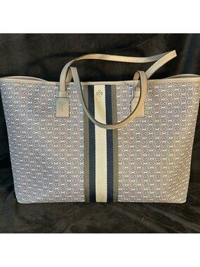 Tory Burch Navy, Cream and Tan Logo Stripe Leather Tote